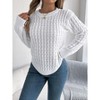 Women's Solid Knit Cable Sweater Casual Long Lantern Sleeve Pullover Crew Neck Knitted Tops - 2 of 4