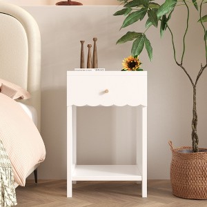Modern White Nightstand with Drawer and Open Shelf,Scalloped Edge Bedside Table for Bedroom - 1 of 4