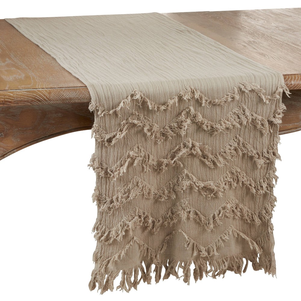 Photos - Tablecloth / Napkin 72" x 16" Cotton Fringed Chevron Table Runner Beige - Saro Lifestyle