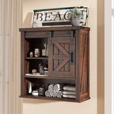 AMERLIFE Farmhouse Bathroom Wall Cabinet with Sliding Barn Door