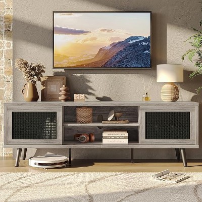 Bestier Mid-century Modern Tv Stand For 70" Tv ,media Console With Natural Rattan Sliding Door