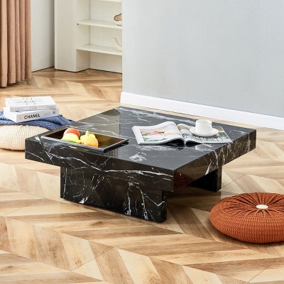 Modern Marble Grain Texture Square Coffee Table,MDF Side Table, Cozy Minimalist Coffee Table Designs For Small Spaces And Living Room-Cuddlewood