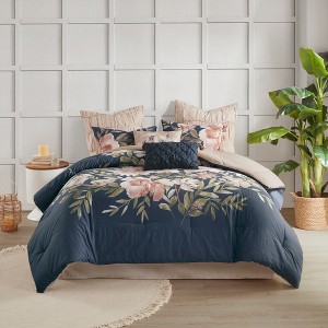 AENKYO Comforter Set Cal King, Floral Navy 8-Piece with Microfiber Reverse, All-Season Lightweight Bedding Ensemble - 1 of 4