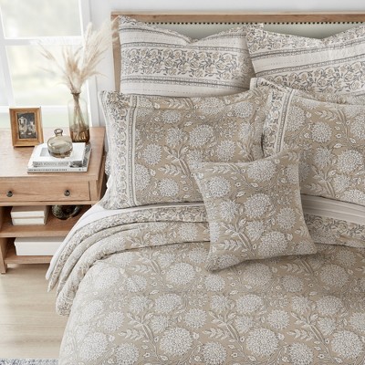 Taupe and White Floral Cotton Twin Duvet Set