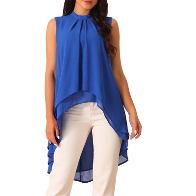 INSPIRE CHIC Women's Casual Tie Back Asymmetrical High Low Sleeveless Mock Neck Flowy Blouse