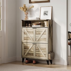 Farmhouse Shoe Cabinet with 2 Flip Drawers – Narrow Freestanding Shoe Organizer with Metal Legs for Entryway, Foyer, Hallway - 1 of 4