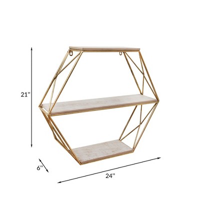 Gold Hexagon 3-Tier Floating Wall Shelf