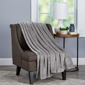 Velvet Throw - Oversized Microfiber Velvet Solid Polyester Throw Blanket - Breathable by Hastings Home (Stone Grey) - 1 of 4