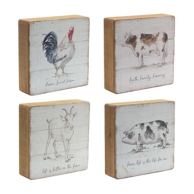 Melrose Wood Farm Animal Sentiment Block (Set of 4)