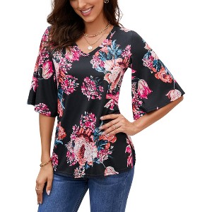 Women's 3/4 Bell Sleeve Shirt Loose Fit V Neck Blouse Cute Tops - 1 of 4