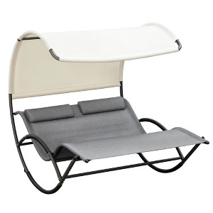 Outdoor Double Chaise Rocking Chair, Day Bed Sun Lounger with Canopy Shade, Headrest Pillow, Armrests for Garden, Poolside - 1 of 4