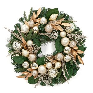 4 in Artificial Pre-Lit Christmas Wreath, Xmas Wreath with Striped Bows, 20 LED Lights, Battery Operated - 1 of 4