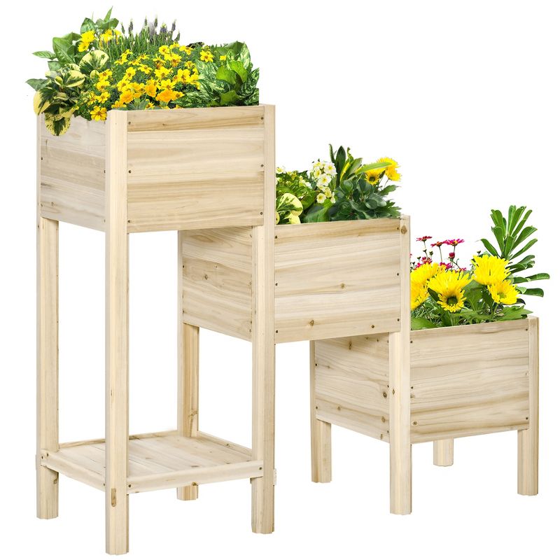Outsunny 49'' x 18'' x 43'' 3-Tier Raised Garden Bed w/ Storage Shelf, Wood Raised Garden Boxes, Freestanding Wooden Plant Stand, 1 of 7
