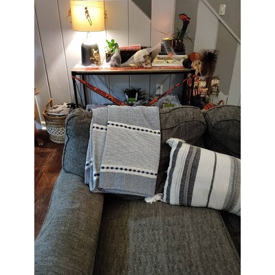 Navy and White Herringbone Stripe Cotton Throw with Tassels