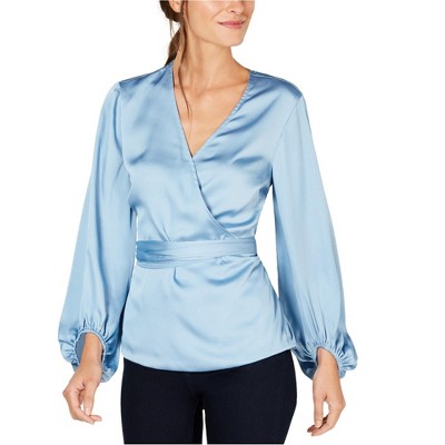 I.N.C International Concepts Womens Blouson Sleeve Wrap Blouse, Blue, PXL