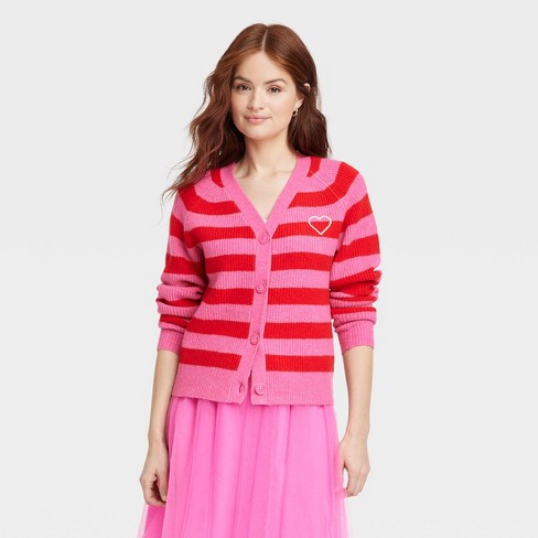 Women's Button-Down Cardigan - A New Day™ Red/Pink Striped L