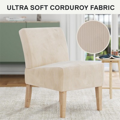 Ivory Corduroy Armless Slipper Chair with Wood Legs
