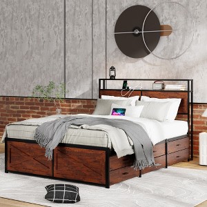 Gulches Queen Size Bed Frame 12 Storage Drawers RGB LED Lights Charging Station 2 Tier Headboard Shelves All Metal Noise Free No Box Spring Needed - 1 of 4