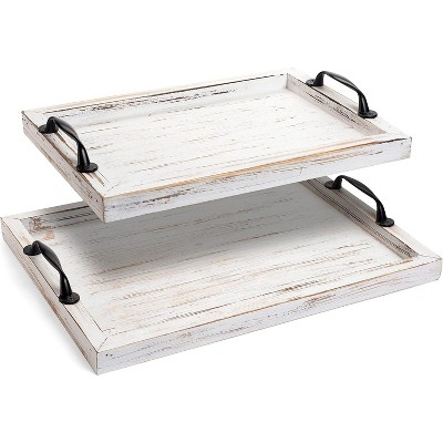 Attop Rustic Serving Tray with Handles - 2 Nesting Trays for Serving Food - Wooden Tray for Decor, Coffee Table & Ottoman