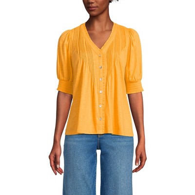 Lands' End Women's Button Pintuck Puff Sleeve Top