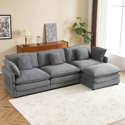 149.6" Modern Sofa Modular Sofa Couch Upholstered Corduroy L-Shape Sectional Sofa with Side Storage Pockets for Living Room, Beige