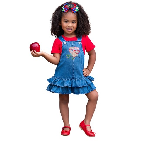 Owl Denim Overall Dress Set Mia Belle Girls, Red, 3T