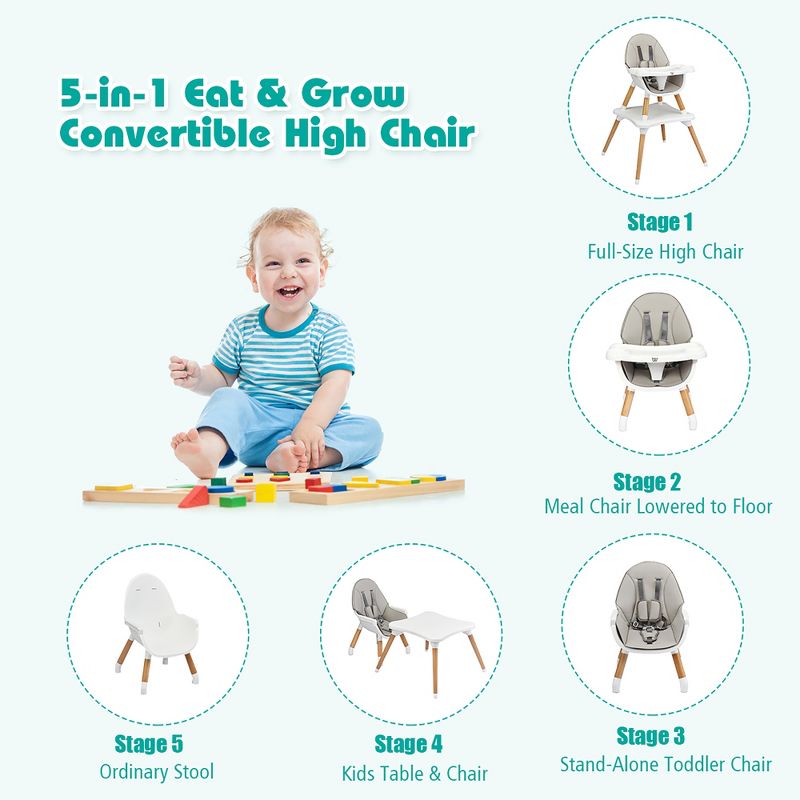 Costway 5-in-1  Baby High Chair Infant Wooden Convertible Chair w/5-Point Seat Belt Coffee\Gray\Khaki, 5 of 11