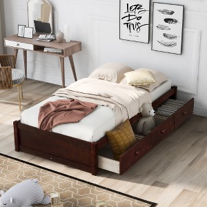 XIYUYEU Twin Size Platform Storage Bed, Solid Pinewood Bed Frame with 3 Drawers - 1 of 4