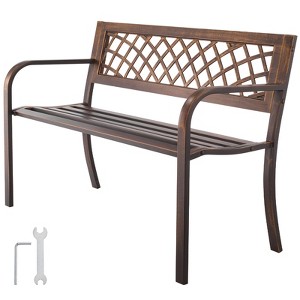 VEVOR Outdoor Bench, 46 inch, Carbon Steel Metal Frame with PVC Mesh Pattern Backrest and Round Edge Armrests, Weatherproof Outside Bench, Brown - 1 of 4