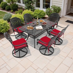 7-Piece Rectangle Cast Aluminum Outdoor Patio Dining Set with Swivel Chairs & Brown Cushions & Umbrella Hole - 1 of 4