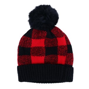 Love of Fashion Women's Knit Buffalo Plaid Winter Beanie Hat with Pom - 1 of 4