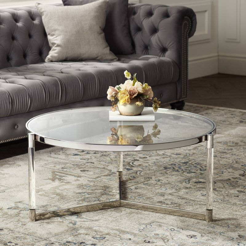55 Downing Street Stefania Modern Metal Round Coffee Table 36" Wide Silver Glass Tabletop Clear Acrylic Legs for Living Room Bedroom Bedside Entryway, 2 of 9
