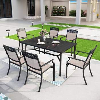 7pc Outdoor Dining Set with Sling Chairs & Large Rectangle Table with Umbrella Hole - Captiva Designs