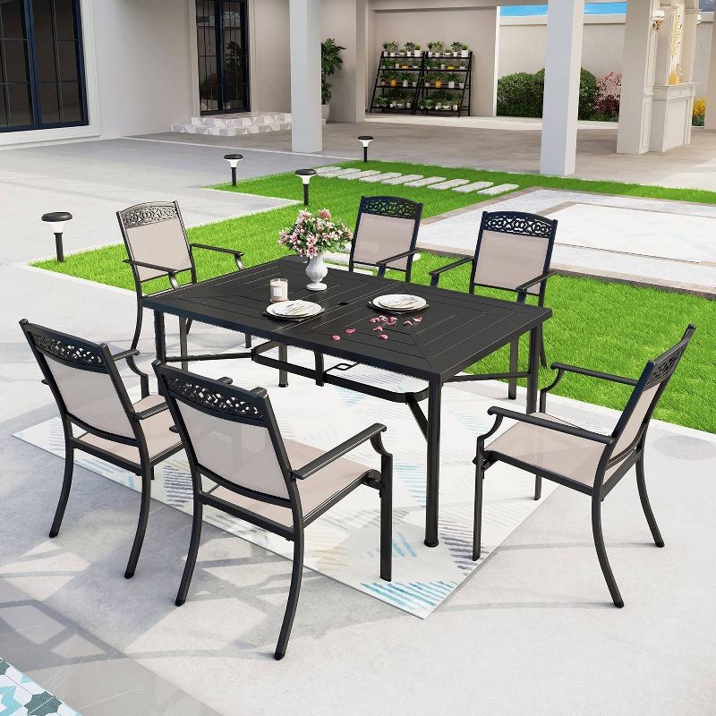 7pc Outdoor Dining Set with Sling Chairs &#38; Large Rectangle Table with Umbrella Hole - Captiva Designs, 1 of 14