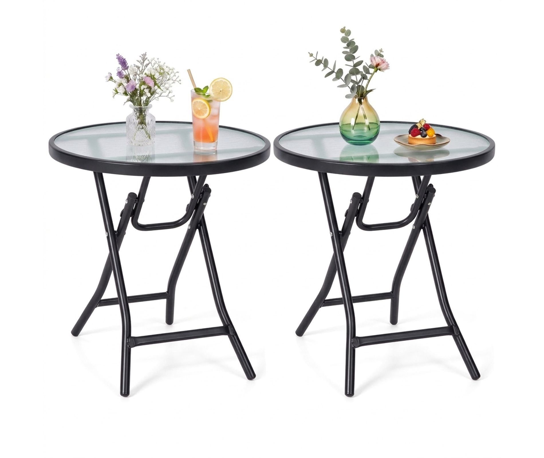 Set of 2 Black Round Folding Outdoor Patio Side Tables with Glass Top