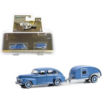 1942 Ford Fordor Super Deluxe Florentine Blue w/Tear Drop Trailer "Hitch & Tow" Series 30 1/64 Diecast Model Car by Greenlight