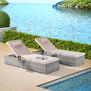JUJABU Outdoor Rattan Chaise Lounges Set of 2 with Side Table, Adjustable Backrest and Cushions - 1 of 4