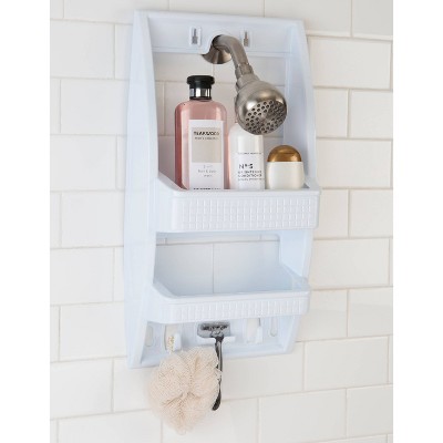 White Plastic Suction Mount Shower Organizer with Hooks