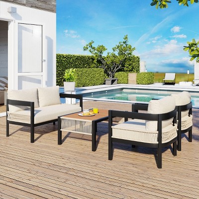 4-Piece Patio Conversation Set, Seating Set with Wood-Plastic Table, Iron Armrest Sofa with Rattan Decoration and Foam Cushions–Cuddlewood