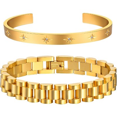 2pcs Gold Chain Link Bracelet, Stainless Steel Crystal Friendship Bracelets Bangle,Watch Band Chains Wristband
