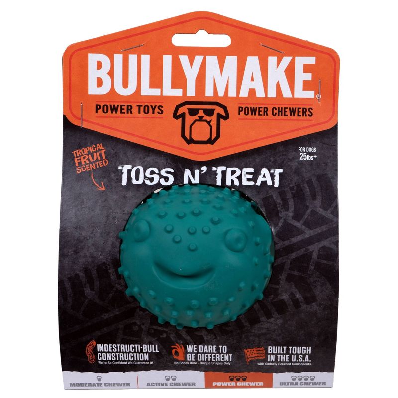 Bullymake Blue Puffer Fish with Tropical Fruit Scent Toss N Treat Dog Toy, 1 of 5
