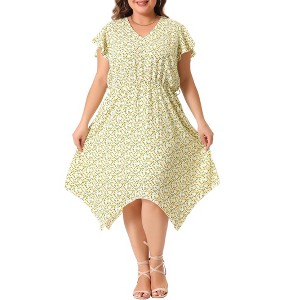Agnes Orinda Women's Plus Size Floral Tie Belted Ruffled Asymmetrical Hem Empire Waist Dresses - 1 of 4