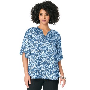Roaman's Women's Plus Size Notch-Neck Flutter-Sleeve Blouse - 1 of 4