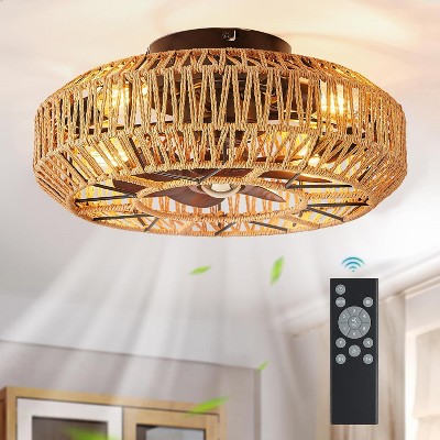 20 Inch Boho Ceiling Fans With Lights And Remote, Rattan Caged Ceiling Fan Farmhouse Bamboo Flush Mount Ceiling Fan For Bedroom Living Room Kitchen