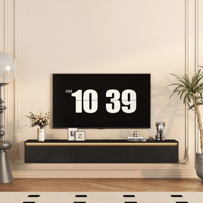 CENGHU Floating TV Stand, Wall Mounted TV Shelf with LED Lights & Power Outlet, High Gloss Floating TV Cabinet, for Living Room