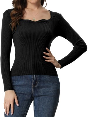 Allegra K Women's Sweetheart Neck Casual Long Sleeve Slim Fit Pullover Sweater