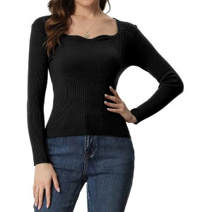 Allegra K Women's Sweetheart Neck Casual Long Sleeve Slim Fit Pullover Sweater - 1 of 4