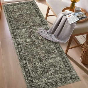 Vintage Distressed Large Living Room Rug for Bedroom, Oriental Soft Low-Pile Indoor Accent Carpet, Non-Skid, Machine Washable, Brown - 1 of 4