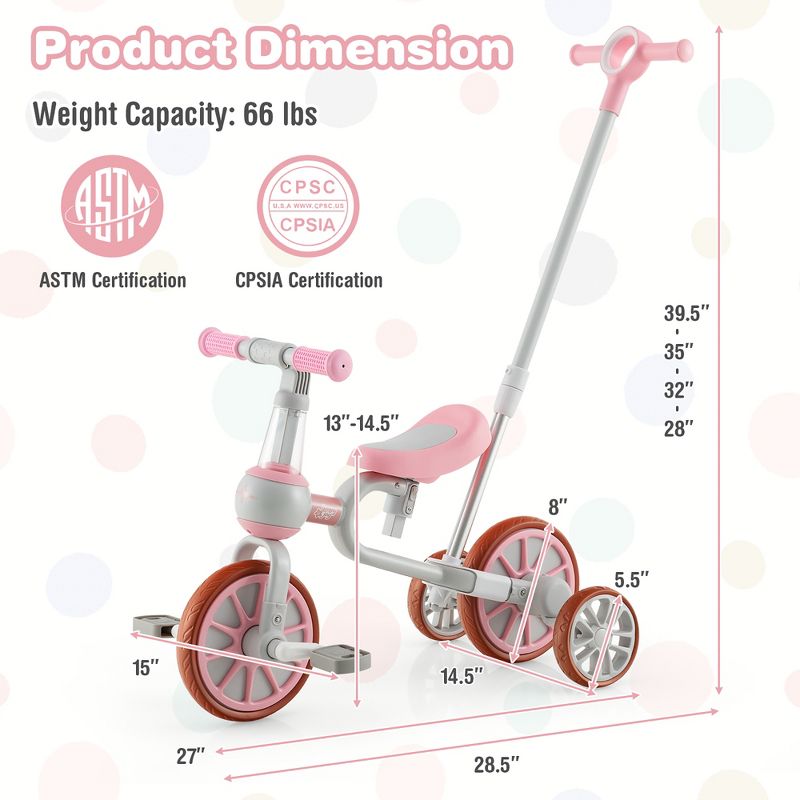Costway 4 in 1 Kids Tricycles with  Push Handle & Training Wheels Baby Balance Bike Navy/Pink, 3 of 11