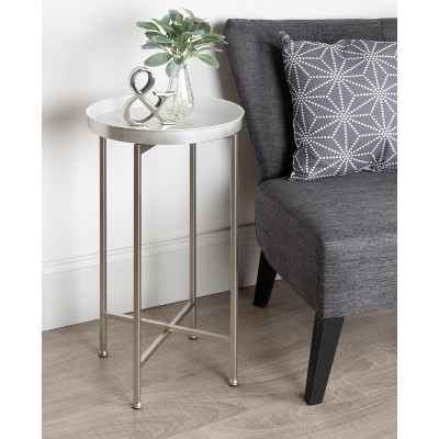 Celia White and Silver Round Metal Foldable Tray Accent Table